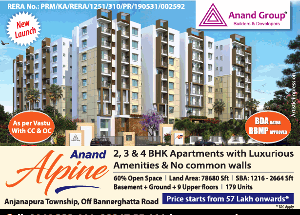 Spacious apartment with luxurious amenities and no common walls are available in Anand Apline, Bangalore